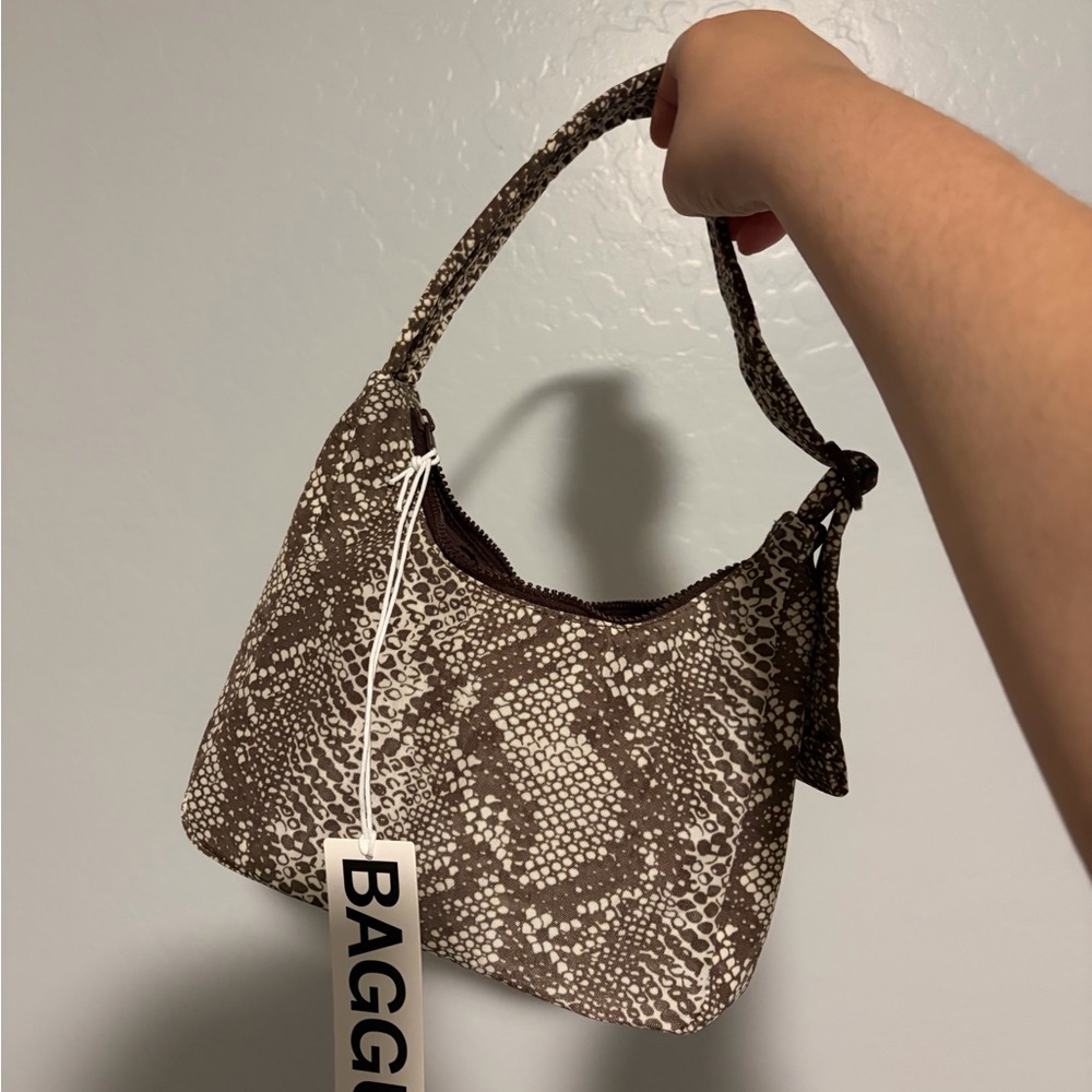 BAGGU Brown and Cream Snake-Print Shoulder Bag